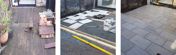 Images showing area before, during and after patio build
